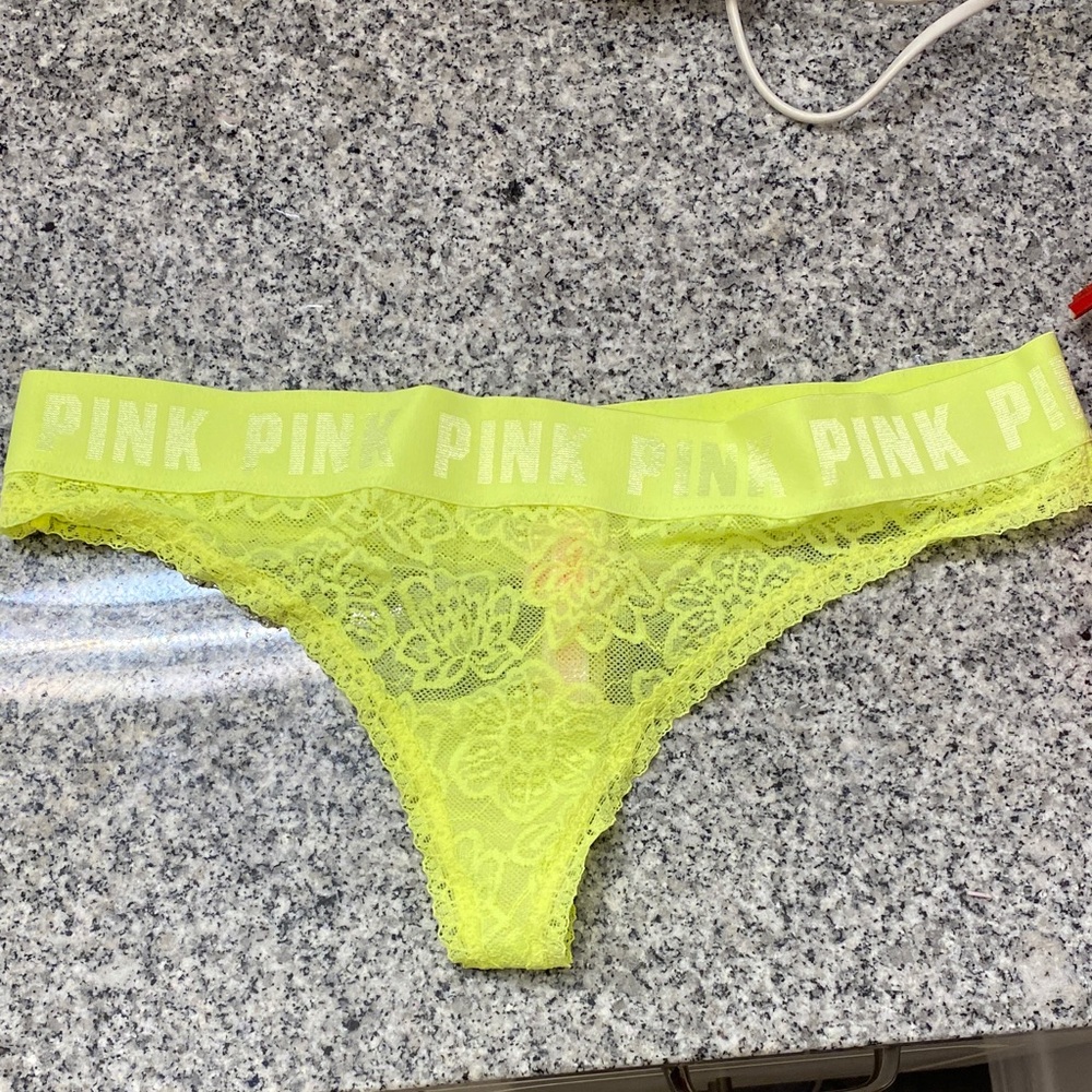 Pink by Victoria Secret Neon Yellow Lace Thong size medium, NWT
